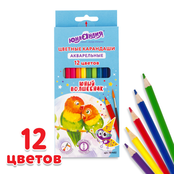 Карандаши цветные акварельные ЮНЛАНДИЯ "ЮНЫЙ ВОЛШЕБНИК", 12 цветов, шестигранные, заточенные, 181402