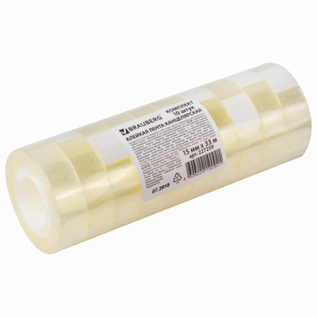 Клейкие ленты 15 мм х 33 м канцелярские BRAUBERG, комплект 10 шт., прозрачные, гарантированная длина, 227259 - Клейкие ленты канцелярские