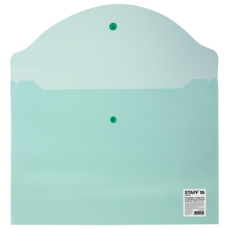Папка-конверт с кнопкой STAFF, А4, до 100 листов, прозрачная, зеленая, 0,12 мм, 225171 - Папки-конверты с кнопкой