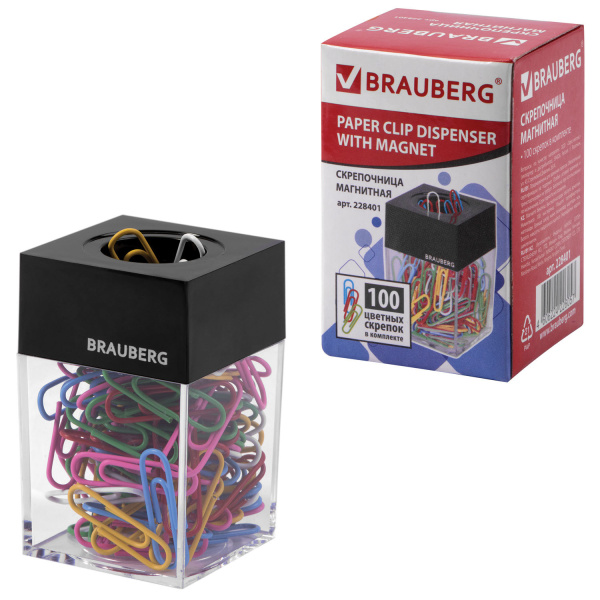 Скрепочница магнитная BRAUBERG со 100 цветными скрепками 28 мм, прозрачный корпус, 228401 - Диспенсеры для скрепок