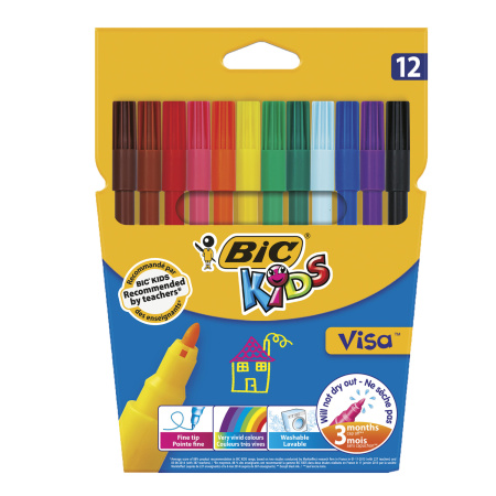 Фломастеры BIC "Kids Visa", 12 ЦВЕТОВ, суперсмываемые, вентилируемый колпачок, европодвес, 889695, 888695 - Фломастеры классические