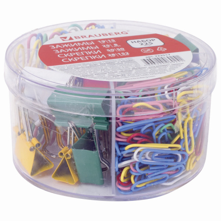 Набор BRAUBERG, зажимы 19 мм/15 шт., 25 мм/8 шт., скрепки 28 мм/152 шт. и 50 мм/50 шт., 223517 - Наборы канцелярских мелочей