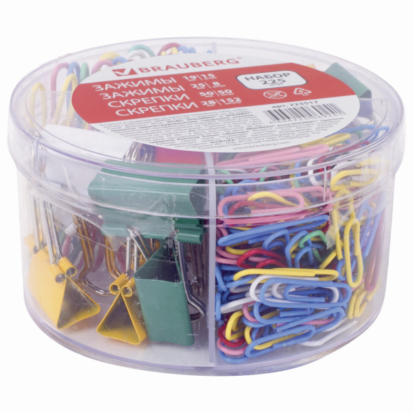 Набор BRAUBERG, зажимы 19 мм/15 шт., 25 мм/8 шт., скрепки 28 мм/152 шт. и 50 мм/50 шт., 223517 - Наборы канцелярских мелочей