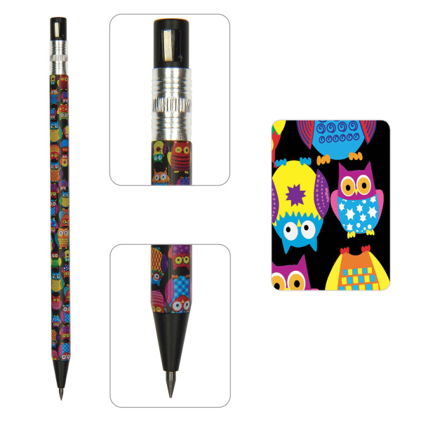 Карандаш механический цанговый 2 мм, BRUNO VISCONTI "FunGraphix", "Сказочные совы", точилка, 21-0041/05 - Карандаши механические