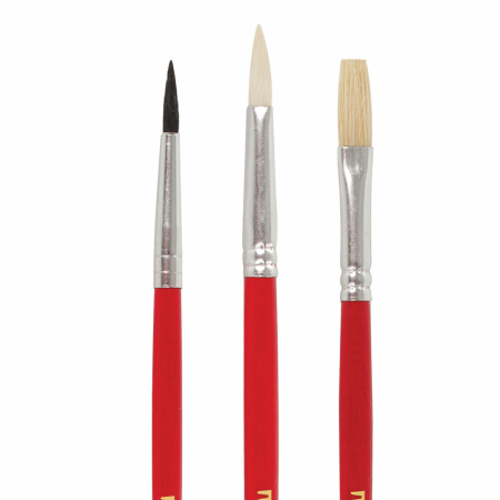 Кисти ПИФАГОР, набор 3 шт. (БЕЛКА: круглая № 3; КОЗА: круглая № 4; ЩЕТИНА: плоская № 6), пакет с европодвесом, 200229 - Кисти для рисования