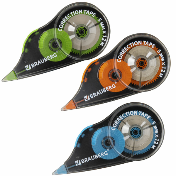 Корректирующая лента BRAUBERG ULTRA COLOR, 5 мм x 12 м, механизм перемотки, ВЫГОДНАЯ УПАКОВКА 3 штуки в блистере, 271253 - Корректирующие ленты