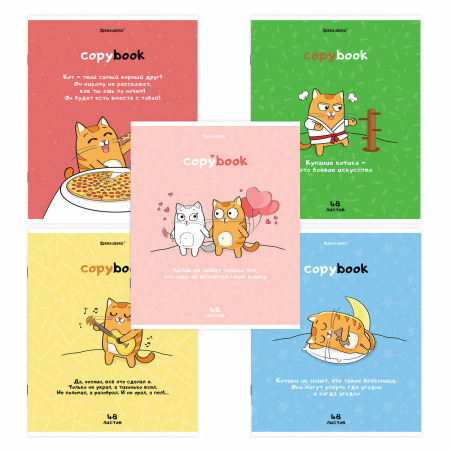 Тетрадь А5, 48 л., BRAUBERG, скоба, клетка, обложка картон, "Кот-Энтузиаст" (микс в спайке), 404365 - Тетради 40-48 листов