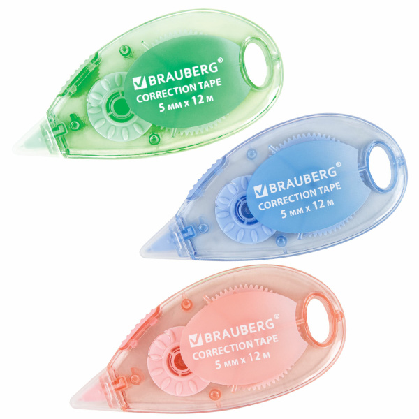 Корректирующая лента BRAUBERG PASTEL, 5 мм x 12 м, механизм перемотки, ВЫГОДНАЯ УПАКОВКА 3 штуки в блистере, 271252 - Корректирующие ленты