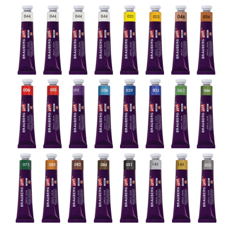 Краски акриловые художественные, НАБОР 24 штуки, 21 цвет по 22 мл, в тубах, BRAUBERG ART DEBUT, 192301 - Акриловые краски художественные в наборах