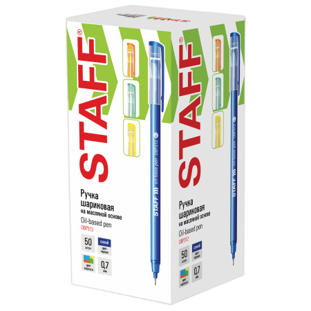 Ручка шариковая масляная STAFF Basic "OBP-312", СИНЯЯ, корпус ассорти, узел 0,7 мм, линия письма 0,35 мм, 143012 - Ручки шариковые неавтоматические