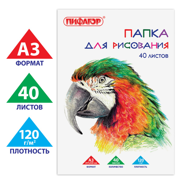 Папка для рисования БОЛЬШОГО ФОРМАТА А3, 40 л., 120 г/м2, ПИФАГОР, 297х420 мм, "Попугай", 129219 - Альбомы и папки для рисования