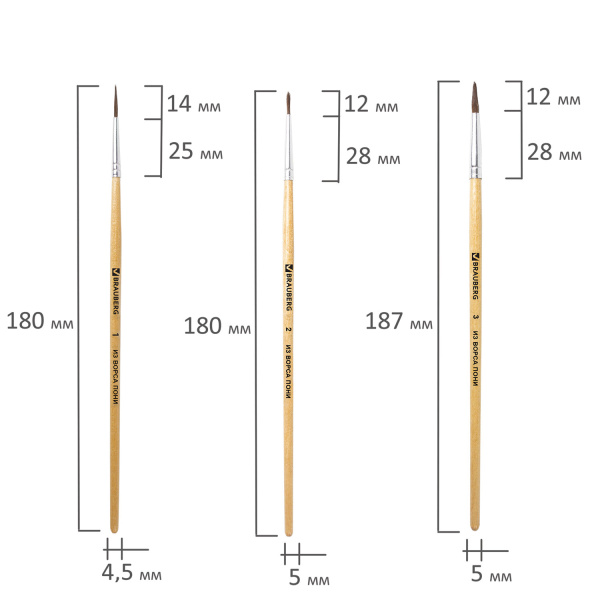 Кисти BRAUBERG, набор 5 шт. (пони, круглые № 1, 2, 3, 4, 5), блистер, 200222 - Кисти для рисования