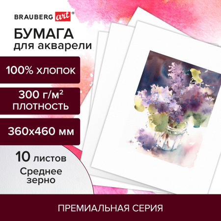 Бумага для акварели ХЛОПОК 100%, 300 г/м2, 360x460 мм, среднее зерно, 10 листов, BRAUBERG ART "PREMIERE", 113226