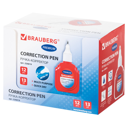 Ручка-корректор BRAUBERG, 13 мл, металлический наконечник, 226819 - Корректирующие ручки