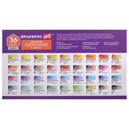 Акварель художественная в кюветах НАБОР 36 цветов по 2,5 г, BRAUBERG ART DEBUT, 191779 - Акварель художественная в наборах