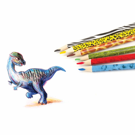 Карандаши цветные мягкие ЮНЛАНДИЯ "САФАРИ", 6 цветов, корпус с печатью, трехгранные, с раскраской, 181579 - Карандаши цветные