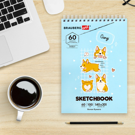 Скетчбук, белая бумага 100 г/м2, 140х201 мм, 60 л., гребень, жёсткая подложка, BRAUBERG ART, "Корги", 115064 - Альбомы, скетчбуки и бумага для графики и эскизов