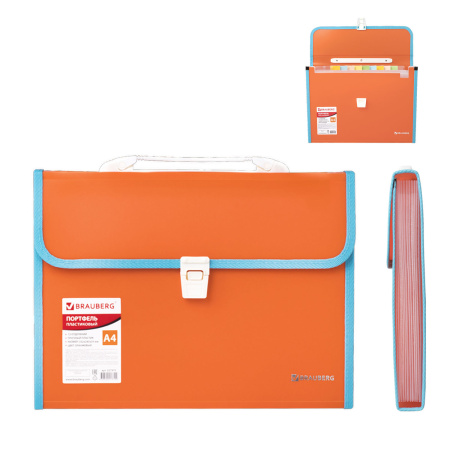 Папка-портфель пластиковая BRAUBERG "JOY", А4 (330х245х35 мм), 13 отделений, с окантовкой, оранжевая, 227975 - Портфели пластиковые
