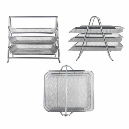 Лоток горизонтальный металлический для бумаг, 3 секции, BRAUBERG "Germanium", А4 (267х355х295 мм), серебристый, 231953 - Лотки горизонтальные (поддоны)