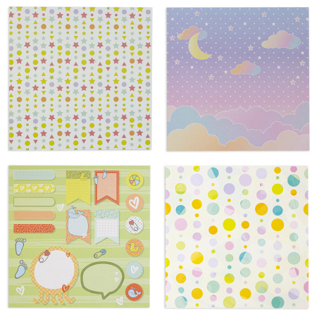 Бумага для скрапбукинга 15х15 см "Бэби-бук", двусторонняя, 12 листов, 12 дизайнов, 180 г/м2, ОСТРОВ СОКРОВИЩ, 662760 - Наборы бумаги