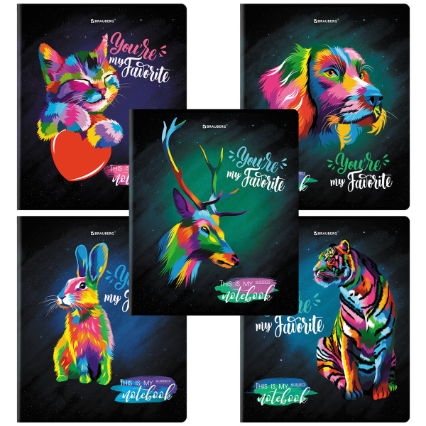 Тетрадь А5, 48 л., BRAUBERG, скоба, клетка, матовая ламинация, выборочный лак, "Animals Pop-Art", 1 шт, 404374 - Тетради 40-48 листов