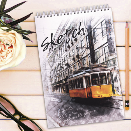 Скетчбук, рисовальная бумага 300 г/м2, 195х300 мм, 20 л., гребень, SoftTouch, брайль, "Трамвай", 97323 - Альбомы, скетчбуки и бумага для графики и эскизов