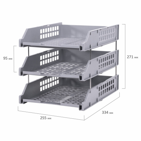 Лотки горизонтальные для бумаг, КОМПЛЕКТ 3 шт., 334х255х271 мм, серый, BRAUBERG GRAND OFFICE, 238110, ЛТ111 - Лотки горизонтальные (поддоны)