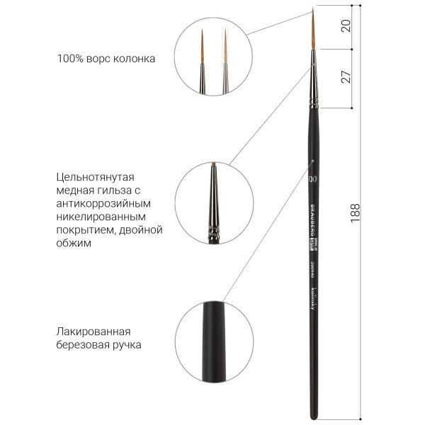Кисть художественная проф. BRAUBERG ART CLASSIC, колонок, лайнер, № 00, короткая ручка, 200940 - Кисти художественные из натурального волоса
