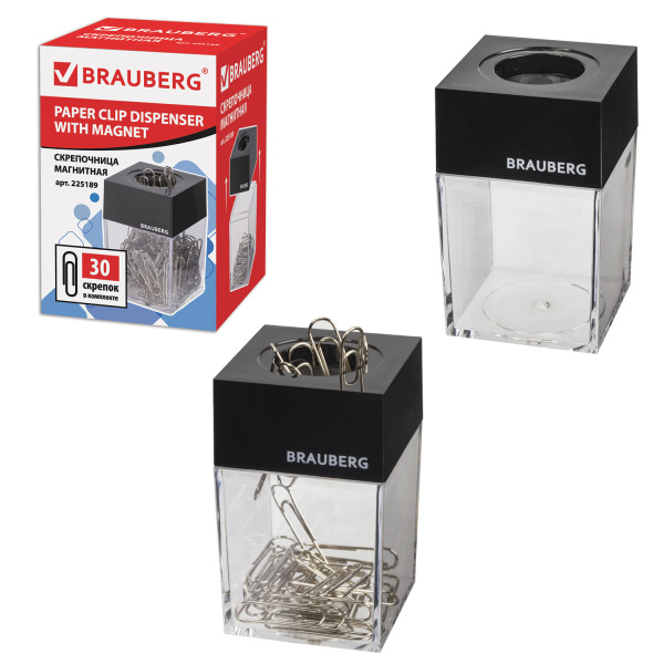Скрепочница магнитная BRAUBERG с 30 скрепками, прозрачный корпус, 225189 - Диспенсеры для скрепок