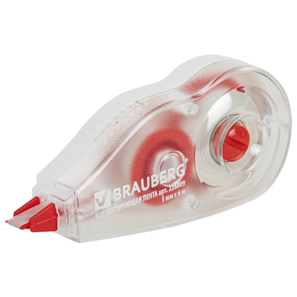 Корректирующая лента BRAUBERG, 5 мм х 6 м, корпус красный, механизм перемотки, блистер, 226809 - Корректирующие ленты