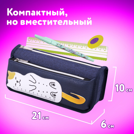Пенал мягкий ЮНЛАНДИЯ, 2 отделения, полиэстер, "Cats rule", синий, 21х9х6 см, 271576 - Пеналы мягкие
