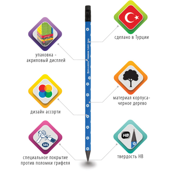 Карандаш чернографитный BRAUBERG "PREMIUM TURKEY", 1 шт., "Daisy", НВ, ассорти, дисплей, 181567 - Карандаши чернографитные