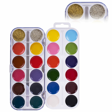 Краски акварельные ЮНЛАНДИЯ "ЮНЫЙ ВОЛШЕБНИК", медовые, 22+2 цвета (золото+серебро), круглые кюветы, пластик, 192361 - Краски для детского творчества