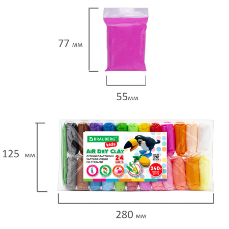 Пластилин супер лёгкий воздушный застывающий 24 цвета, 240 г, 3 стека, BRAUBERG KIDS, 106307 - Пластилин