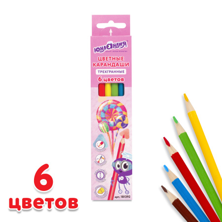 Карандаши цветные ЮНЛАНДИЯ "СЛАДКИЕ ИСТОРИИ", 6 цветов, трехгранные заточенные, 181392 - Карандаши цветные