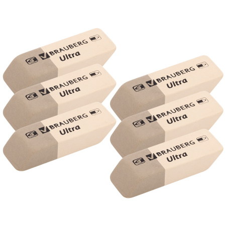 Ластики BRAUBERG "Ultra" 6 шт., размер ластика 41х14х8 мм, серо-белые, натуральный каучук, 229600 - Ластики классические