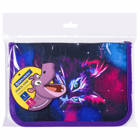 Пенал BRAUBERG с наполнением, 1 отделение, 1 откидная планка, 24 предмета, 21х14 см, "Neon cat", 271523 - Пеналы с наполнением