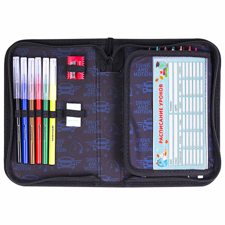 Пенал BRAUBERG с наполнением, 1 отделение, 1 откидная планка, 24 предмета, 21х14 см, "Sport car", 271527 - Пеналы с наполнением