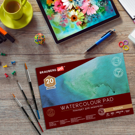 Папка для акварели/планшет, 300 г/м2, 190х270 мм, склейка, крупное зерно, 20 л., BRAUBERG ART PREMIERE, 113247 - Альбомы и бумага для акварели и масла