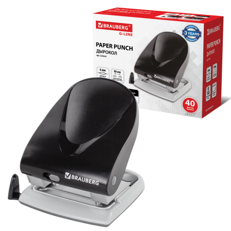 Дырокол BRAUBERG "G-Line", до 40 листов, черный, 224341 - Дыроколы настольные