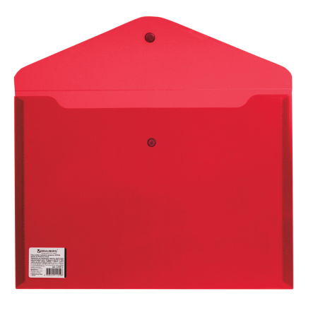 Папка-конверт с кнопкой BRAUBERG, А4, до 100 листов, прозрачная, красная, СВЕРХПРОЧНАЯ 0,18 мм, 224812 - Папки-конверты с кнопкой