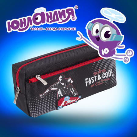 Пенал ЮНЛАНДИЯ, 2 отделения, полиэстер, "Skate", черный, 21х6х9 см, 270276 - Пеналы мягкие